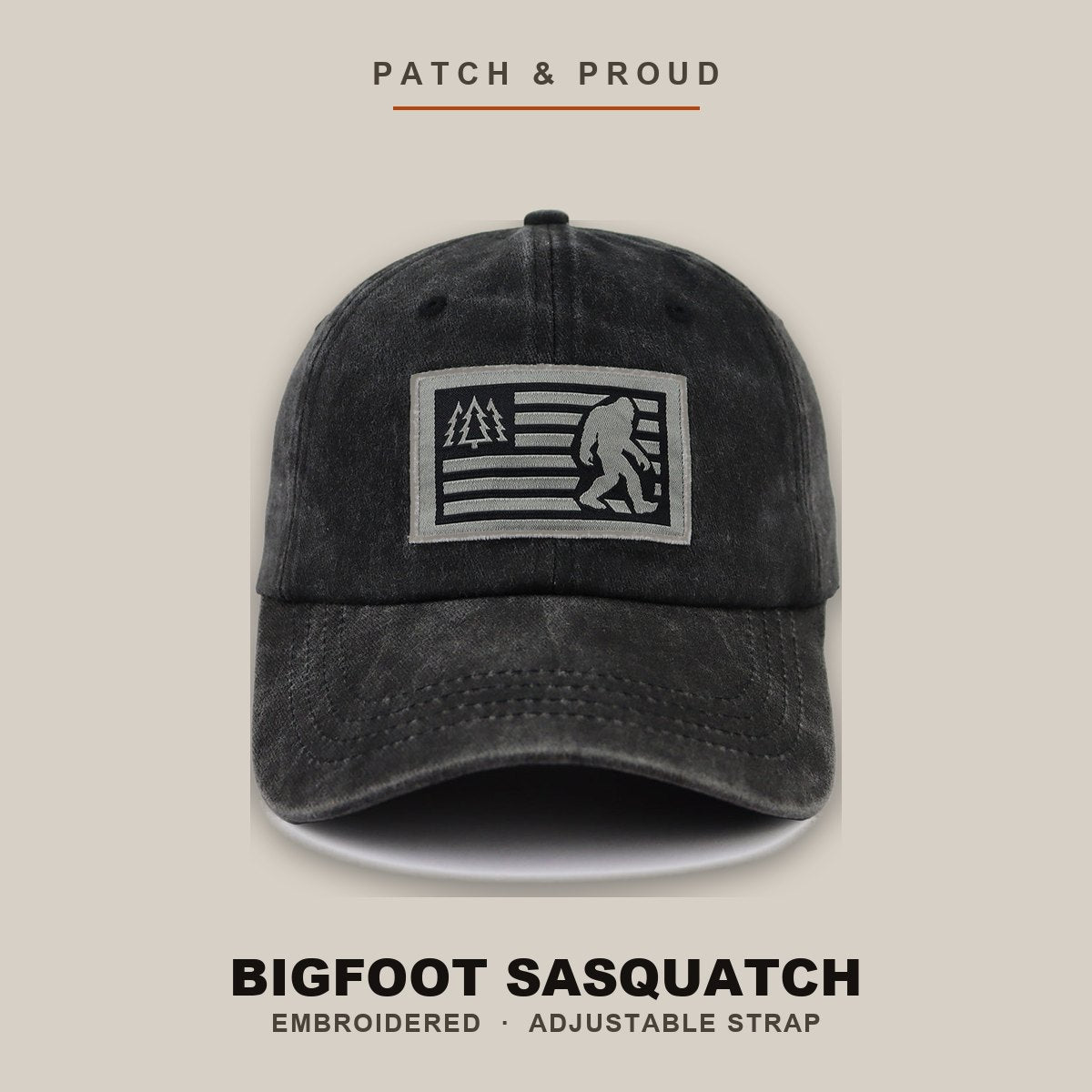 Bigfoot Sasquatch Embroidered Cap - Black - shown on a canvas backdrop