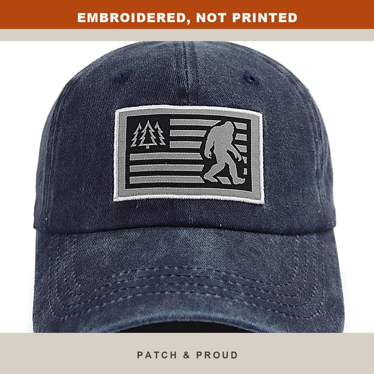 Bigfoot Silhouette Embroidered Cap - Navy - close-up of the front design
