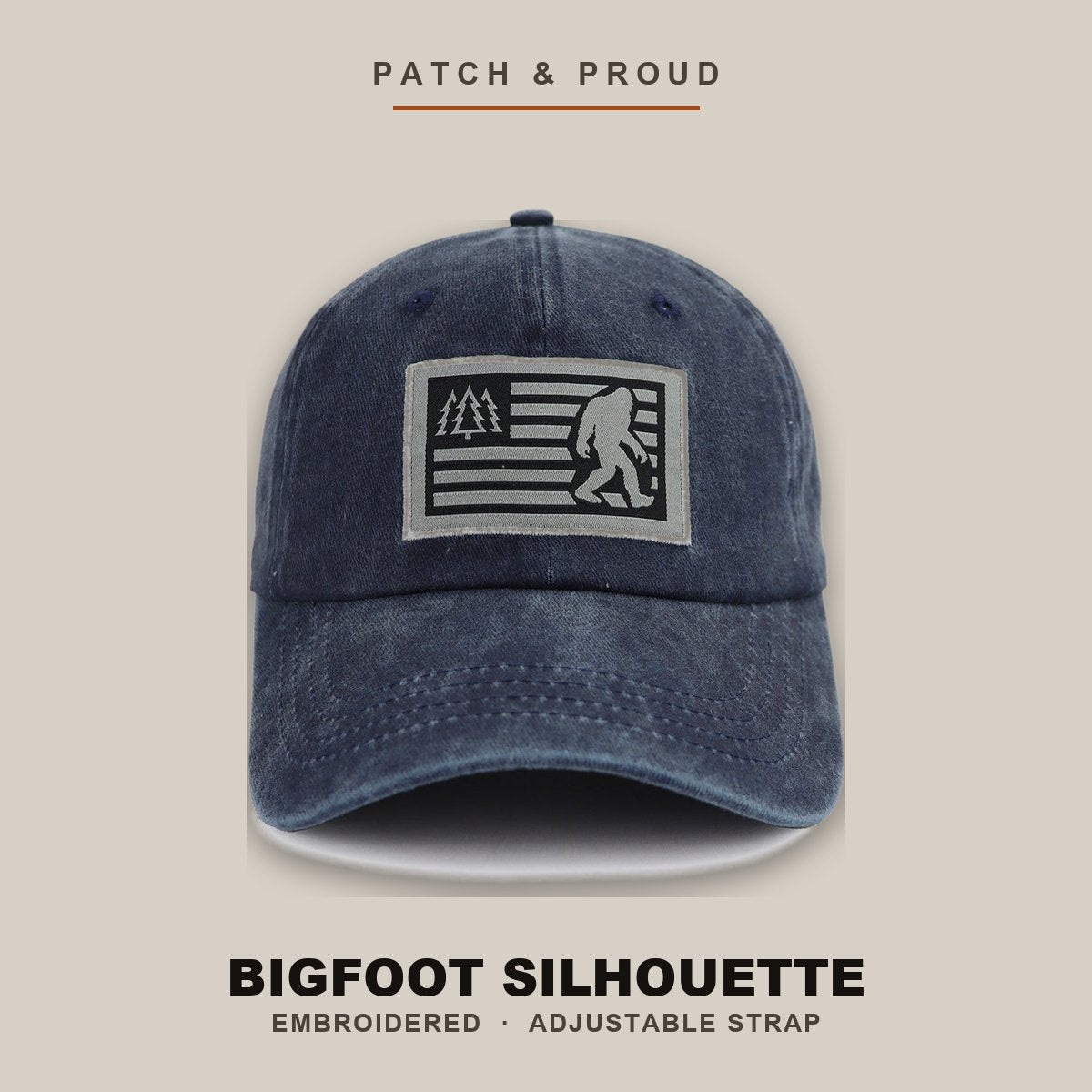 Bigfoot Silhouette Embroidered Cap - Navy - shown on a canvas backdrop