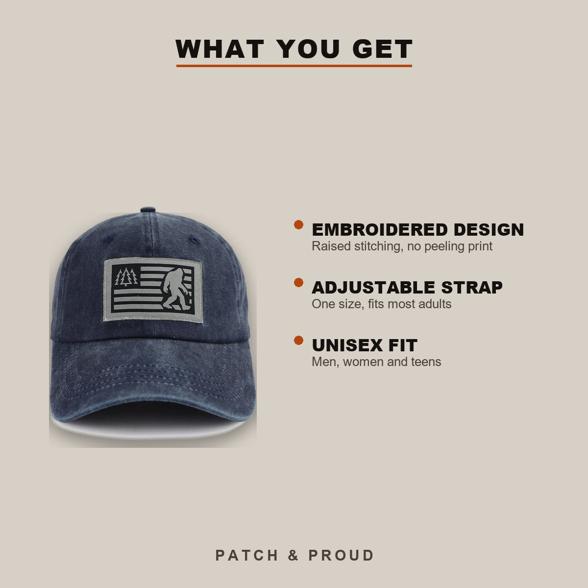 Bigfoot Silhouette Embroidered Cap - Navy - features and fit