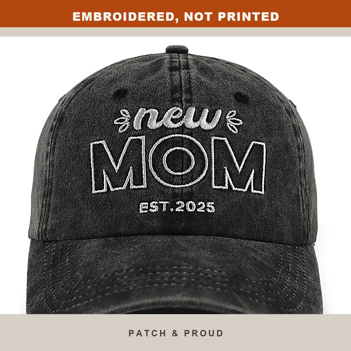 New Mom 2025 3D Embroidered Cap - Black - close-up of the front design