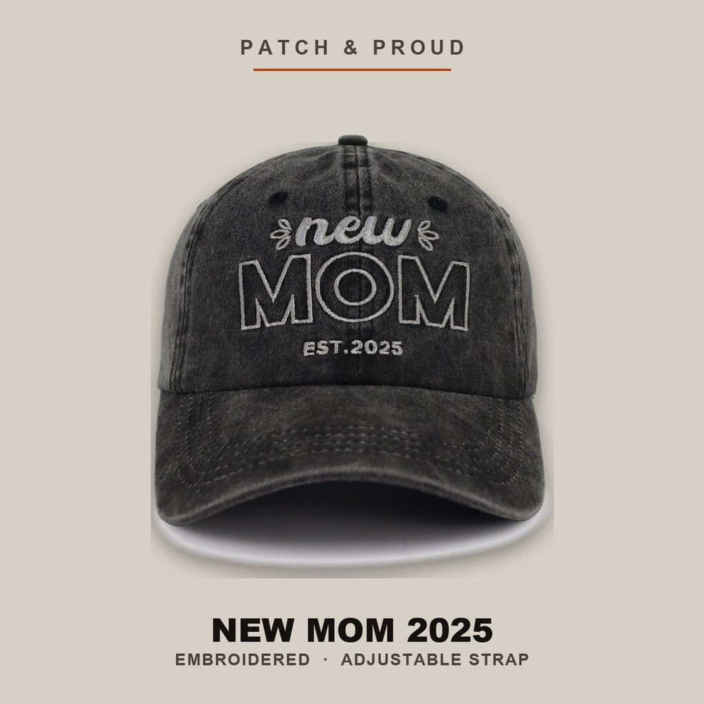 New Mom 2025 3D Embroidered Cap - Black - shown on a canvas backdrop