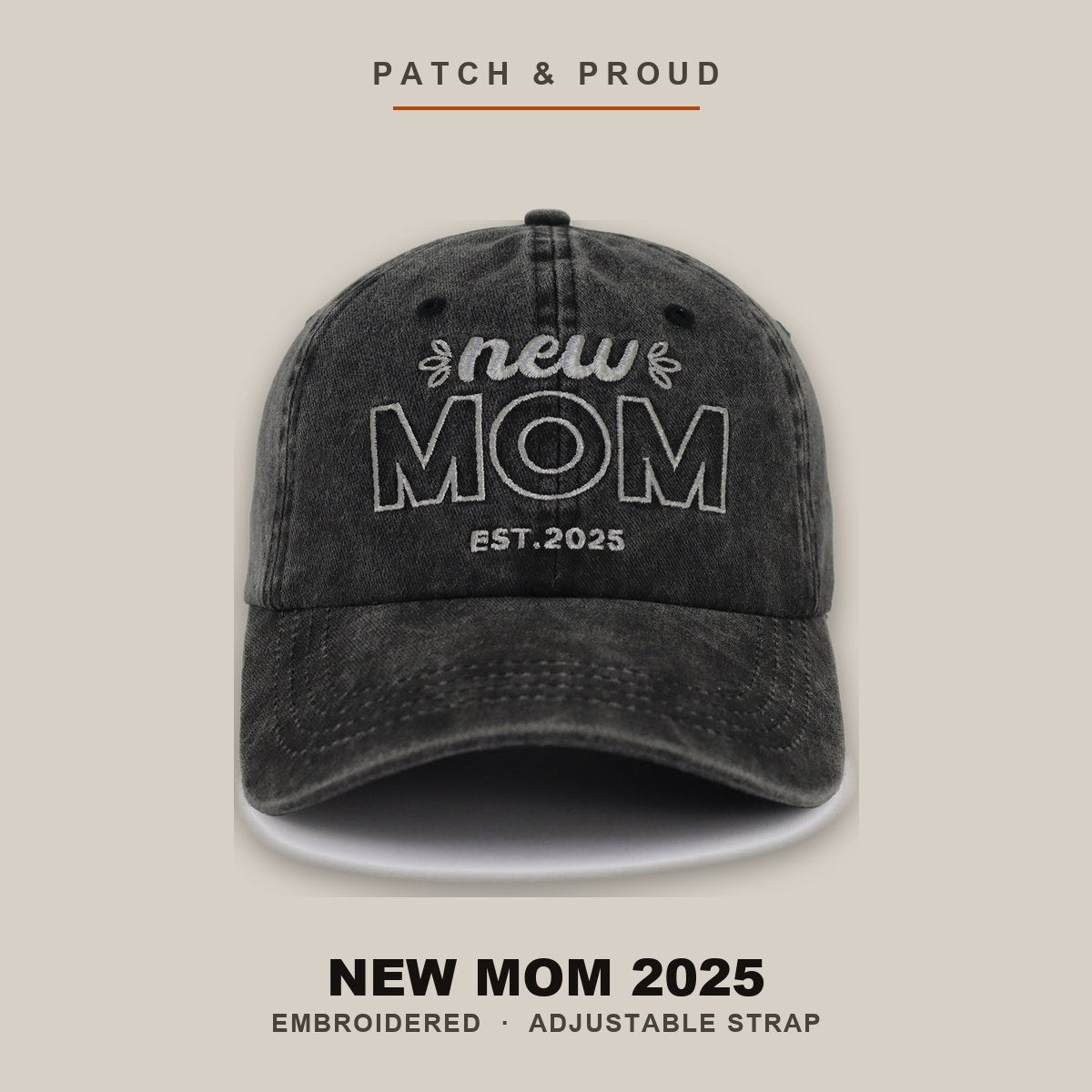 New Mom 2025 3D Embroidered Cap - Black - shown on a canvas backdrop