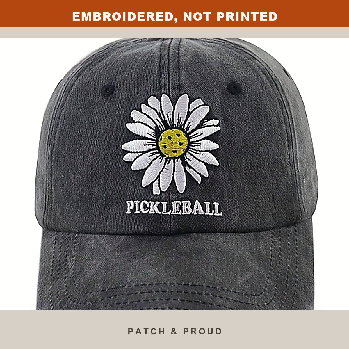 Daisy Pickleball Embroidered Cap - Black - close-up of the front design