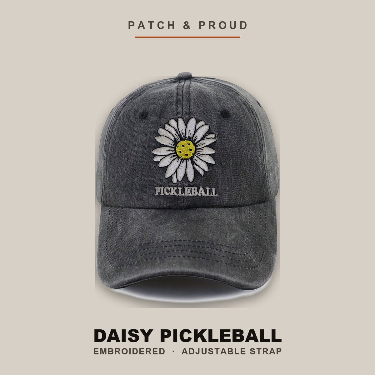 Daisy Pickleball Embroidered Cap - Black - shown on a canvas backdrop