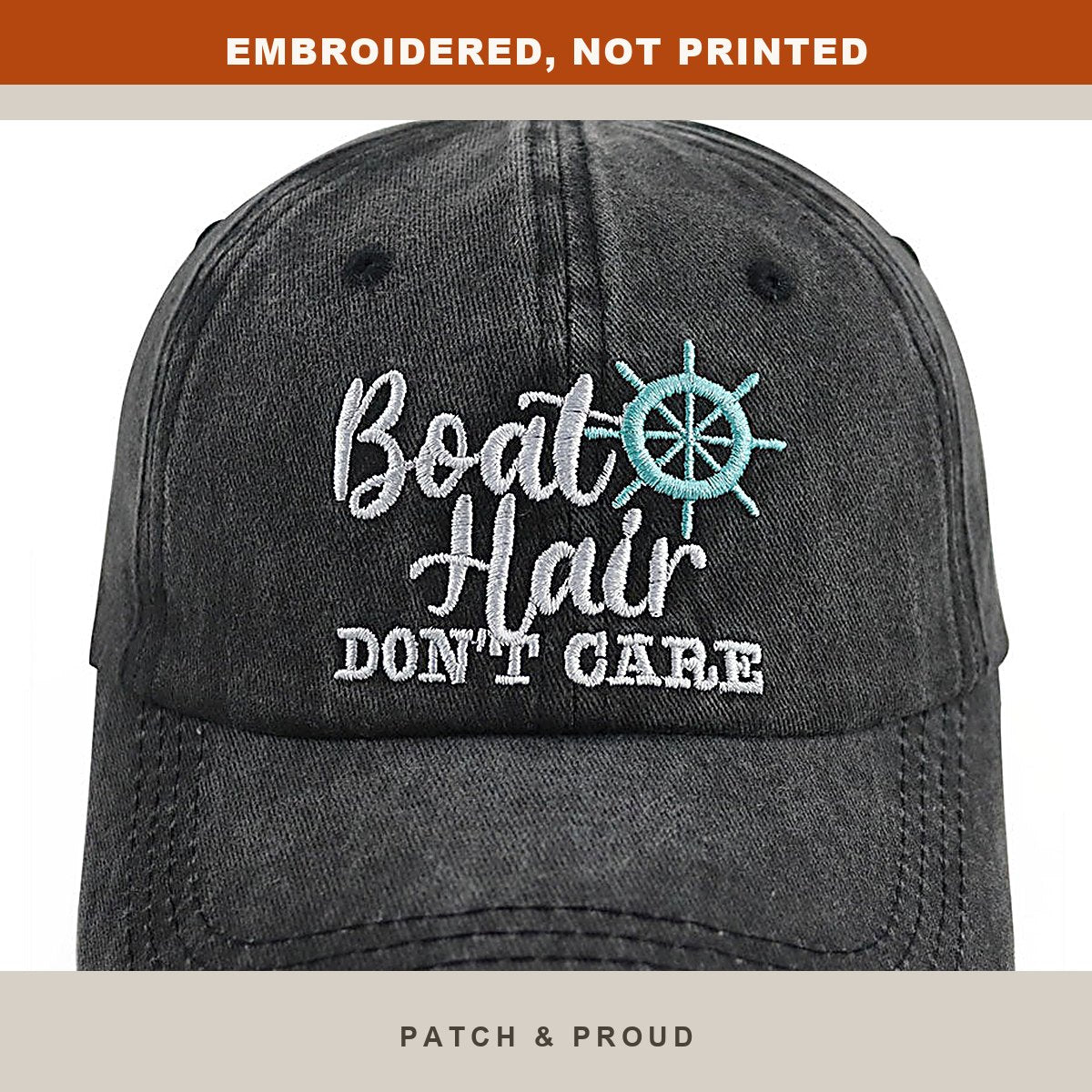 Boat Life Embroidered Cap - Black - close-up of the front design