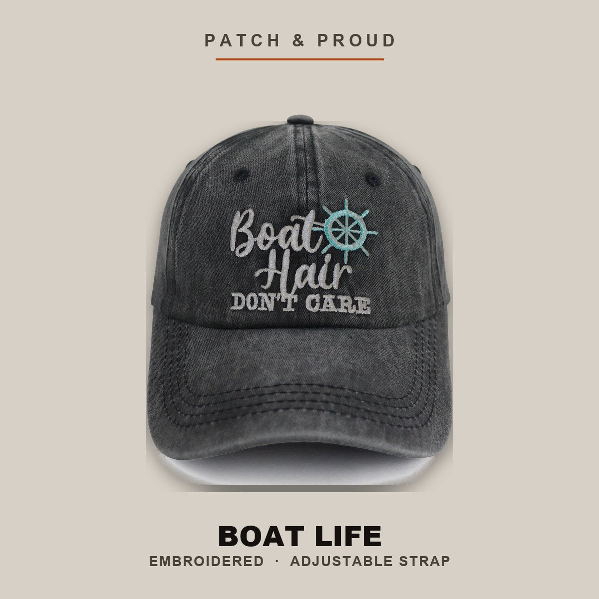 Boat Life Embroidered Cap - Black - shown on a canvas backdrop