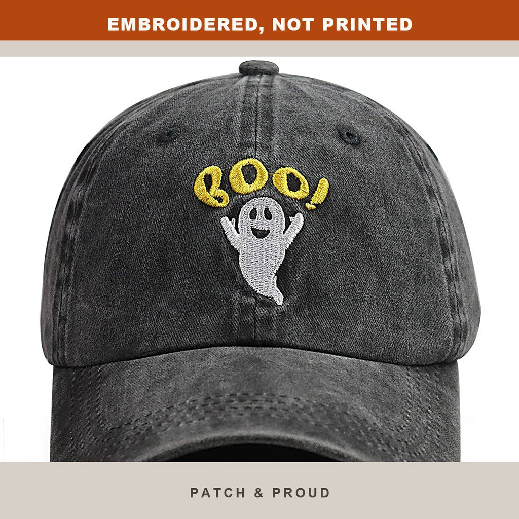 Boo Halloween Embroidered Cap - close-up of the front design
