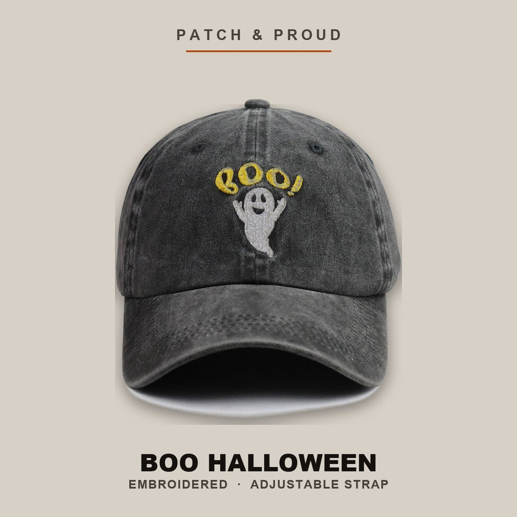Boo Halloween Embroidered Cap - shown on a canvas backdrop