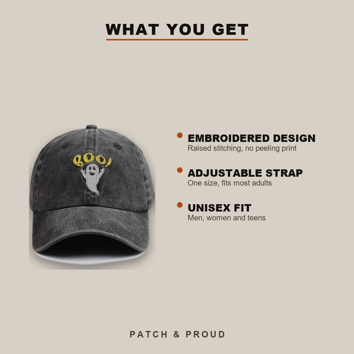 Boo Halloween Embroidered Cap - features and fit