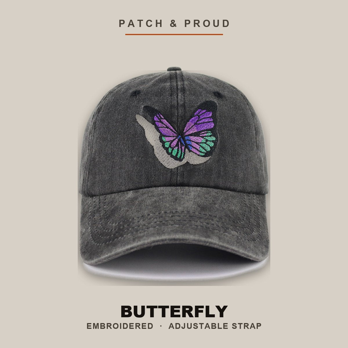 Butterfly Embroidered Cap - shown on a canvas backdrop
