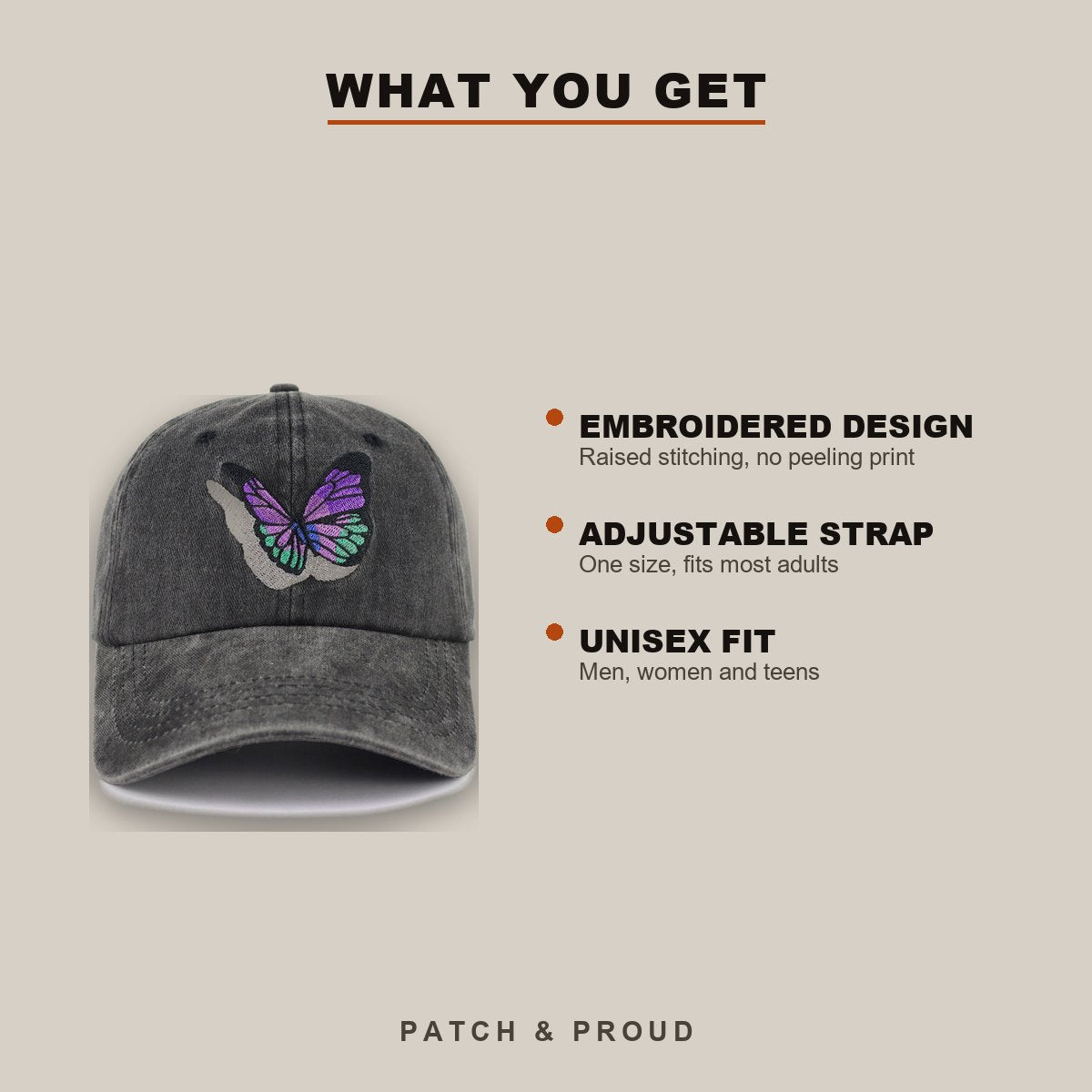 Butterfly Embroidered Cap - features and fit