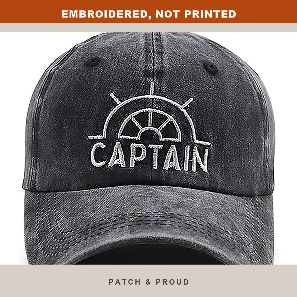 Captain Embroidered Boating Cap - close-up of the front design