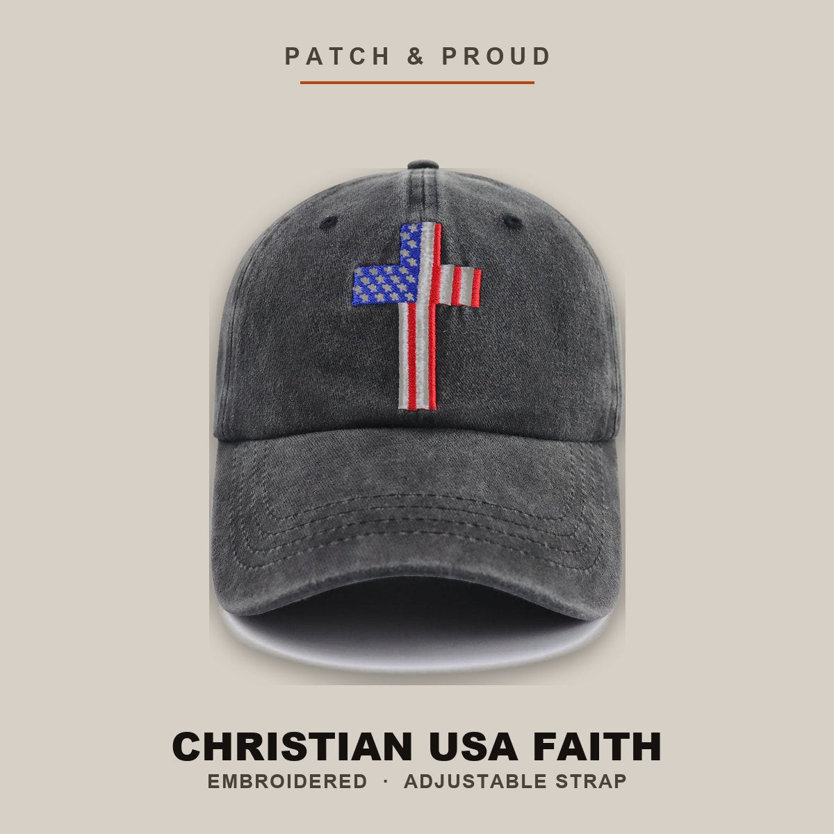 Christian USA Faith Embroidered Cap - shown on a canvas backdrop