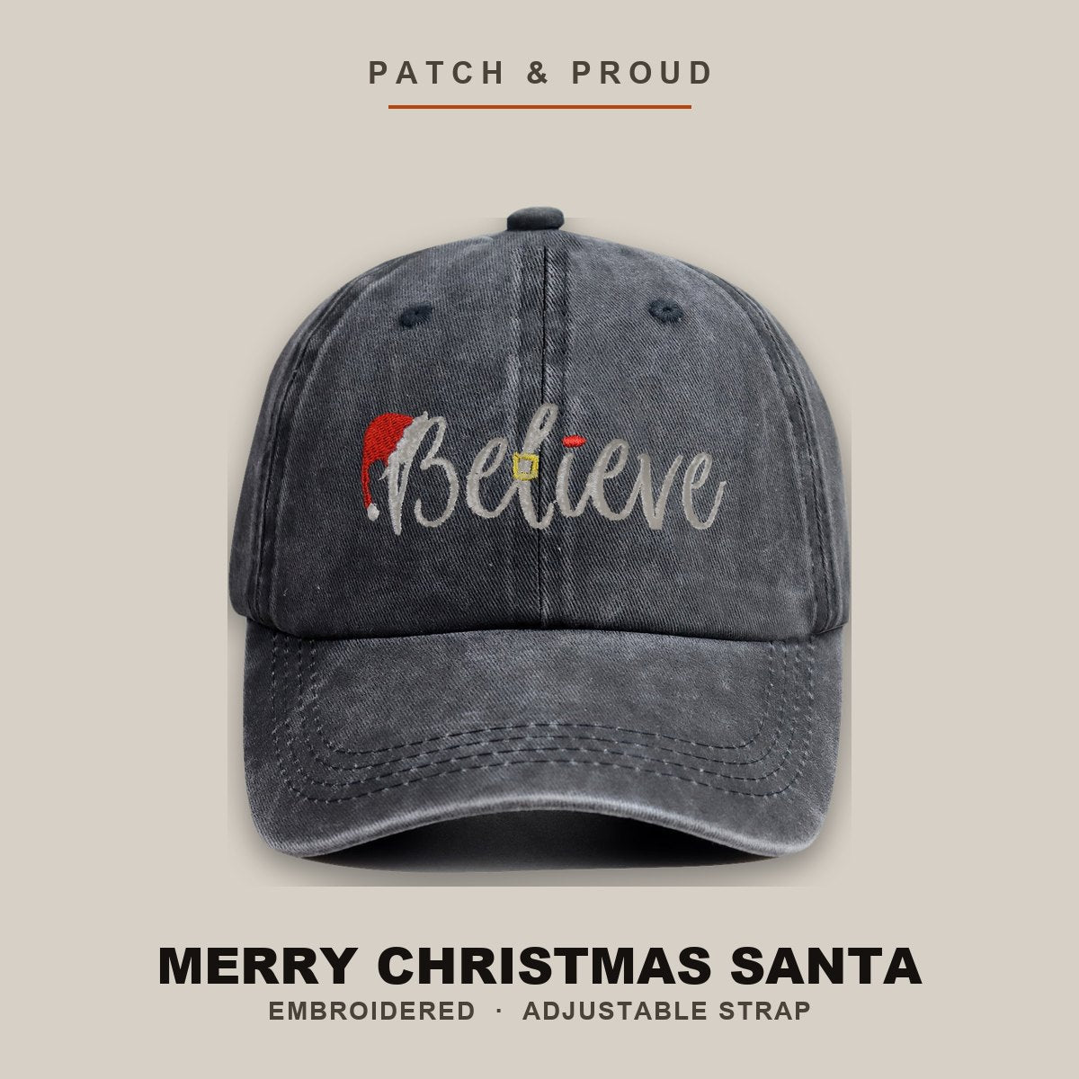 Merry Christmas Santa Embroidered Cap - shown on a canvas backdrop