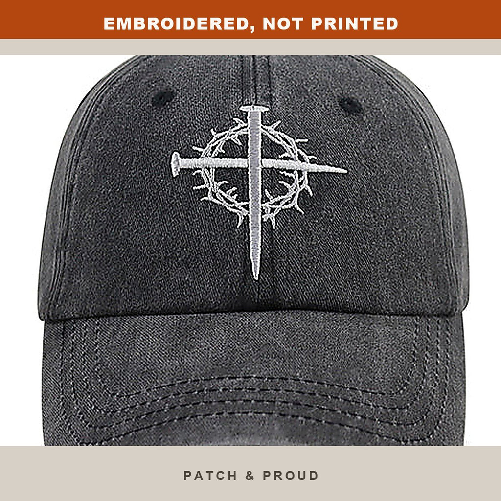 Cross and Nail Faith Embroidered Cap - Black - close-up of the front design