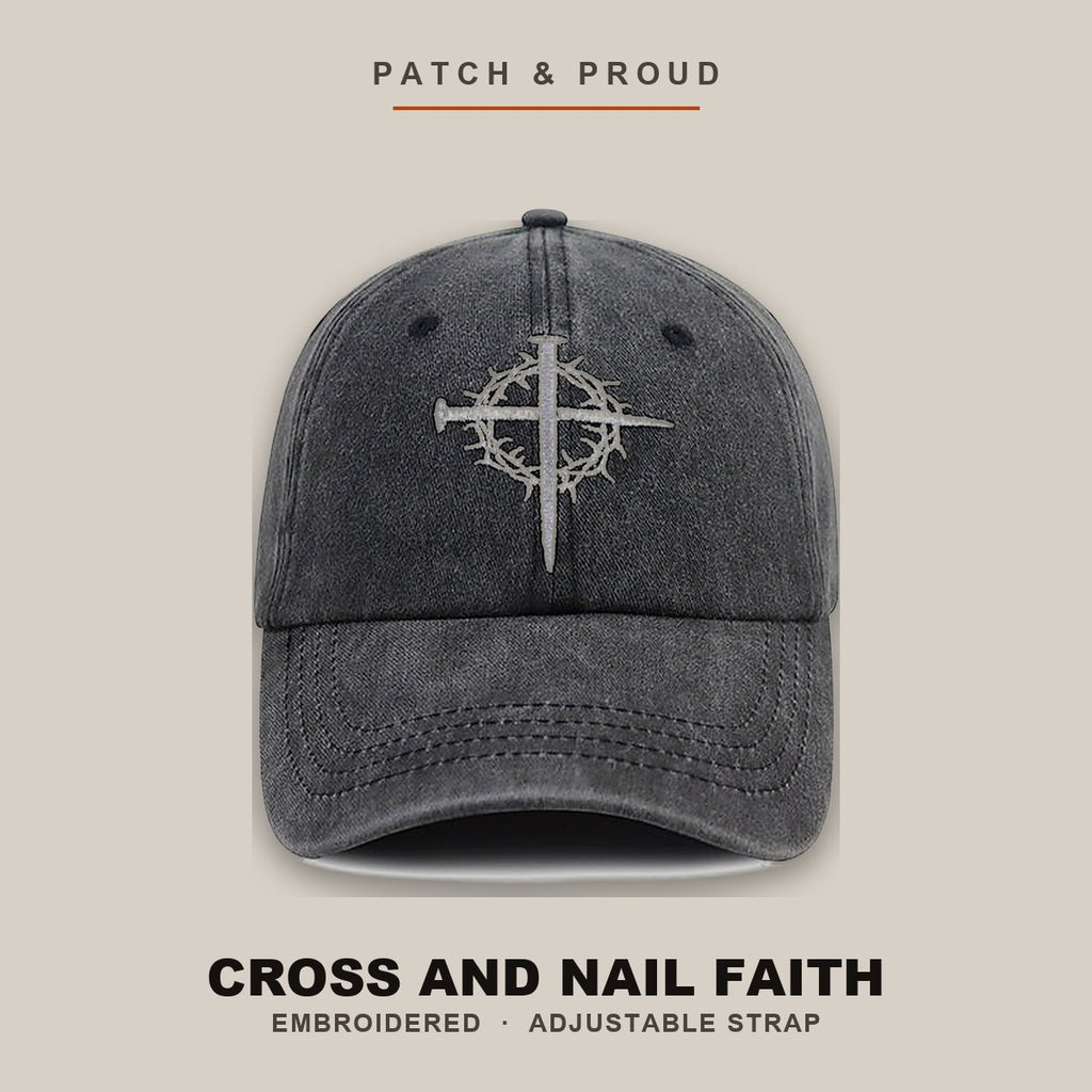Cross and Nail Faith Embroidered Cap - Black - shown on a canvas backdrop