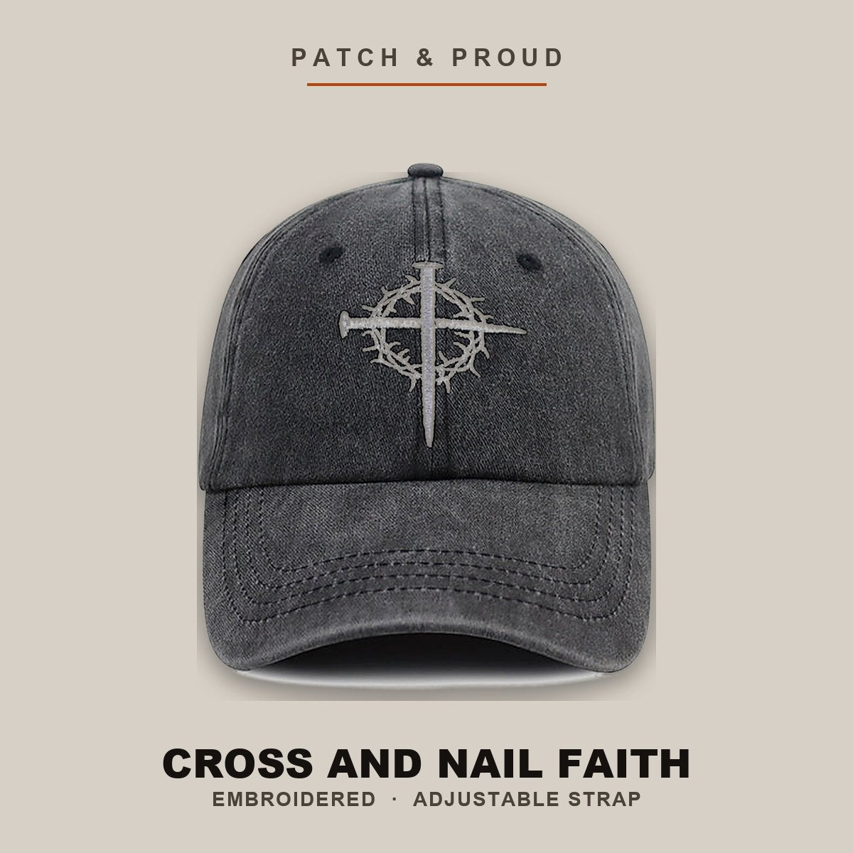 Cross and Nail Faith Embroidered Cap - Black - shown on a canvas backdrop