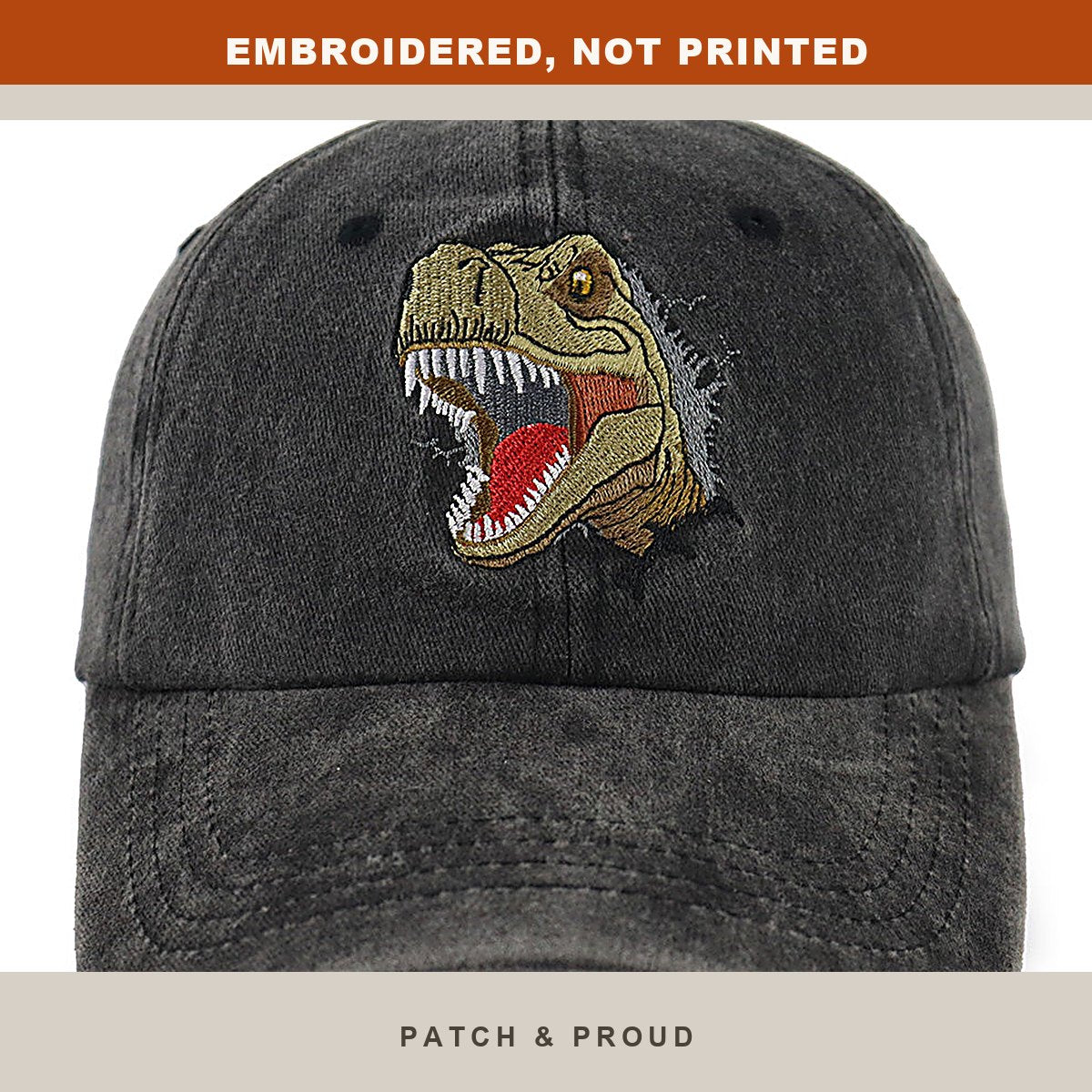 Dinosaur Embroidered Cap - close-up of the front design