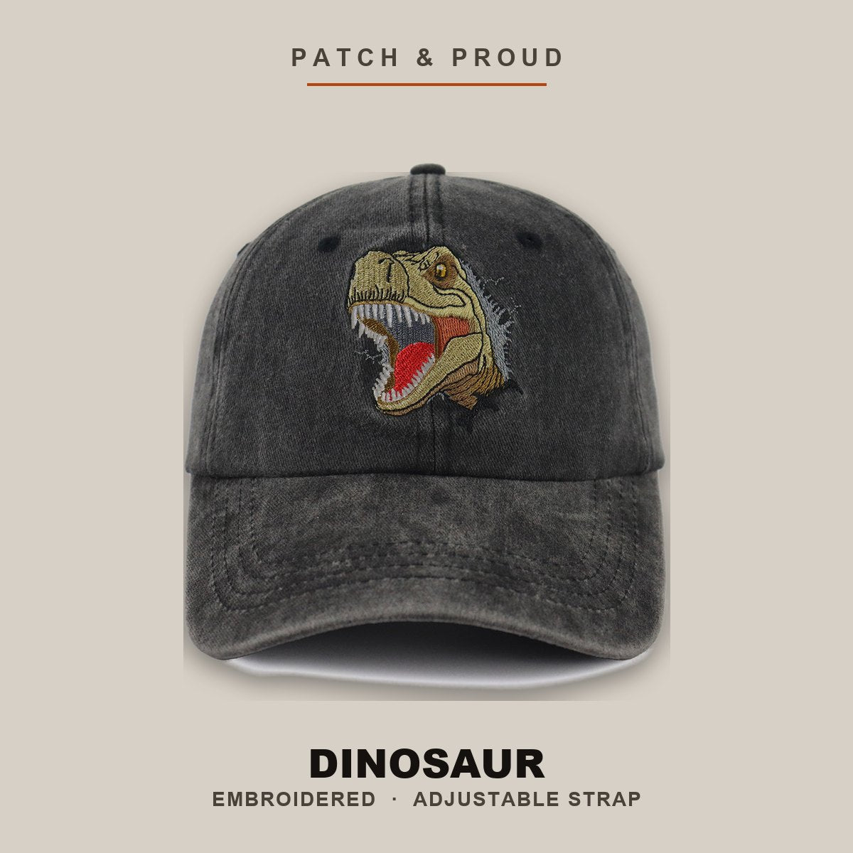 Dinosaur Embroidered Cap - shown on a canvas backdrop