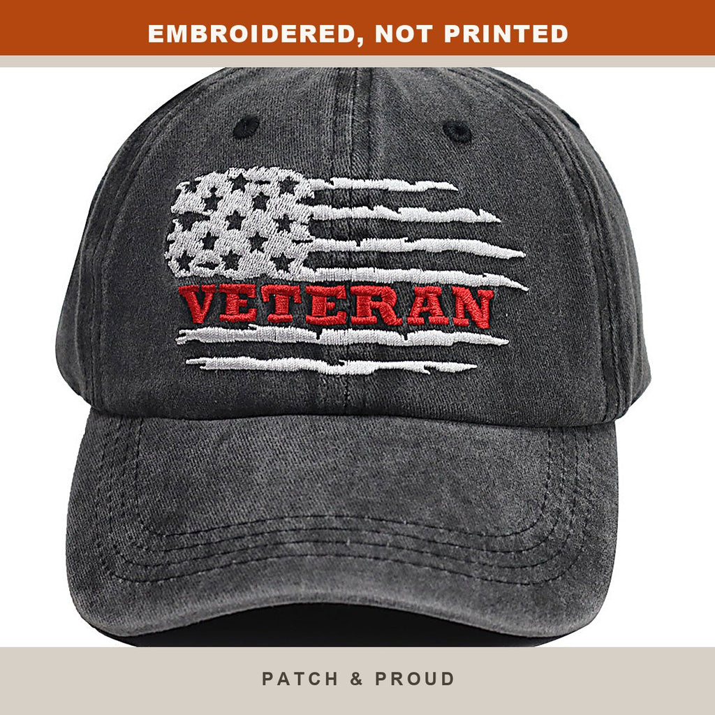 US Veteran Distressed Embroidered Cap - close-up of the front design