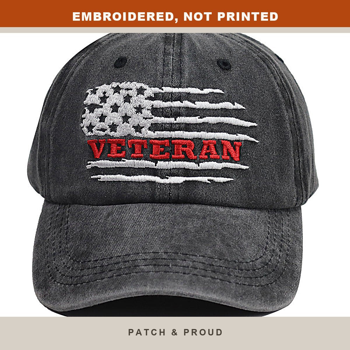 US Veteran Distressed Embroidered Cap - close-up of the front design