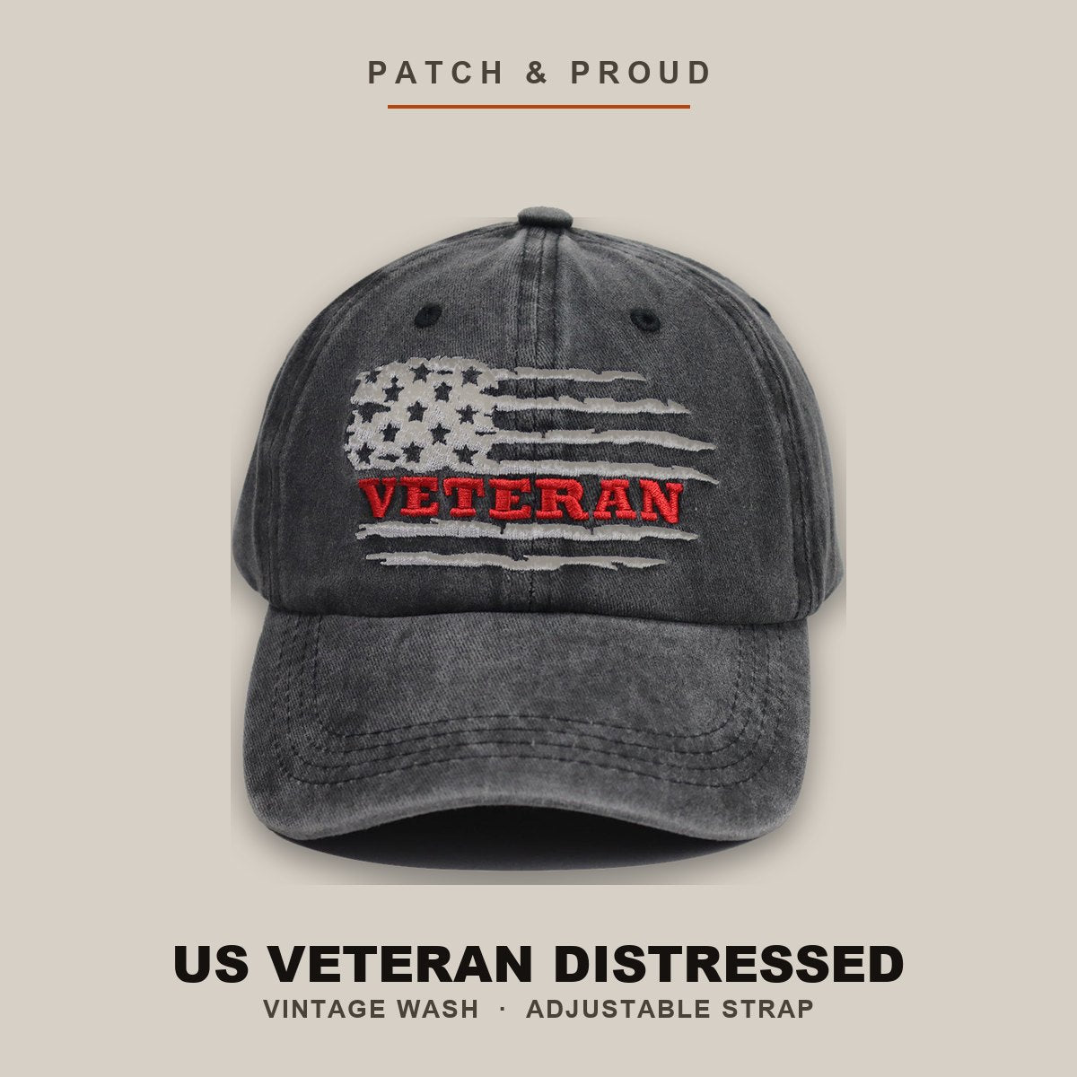 US Veteran Distressed Embroidered Cap - shown on a canvas backdrop