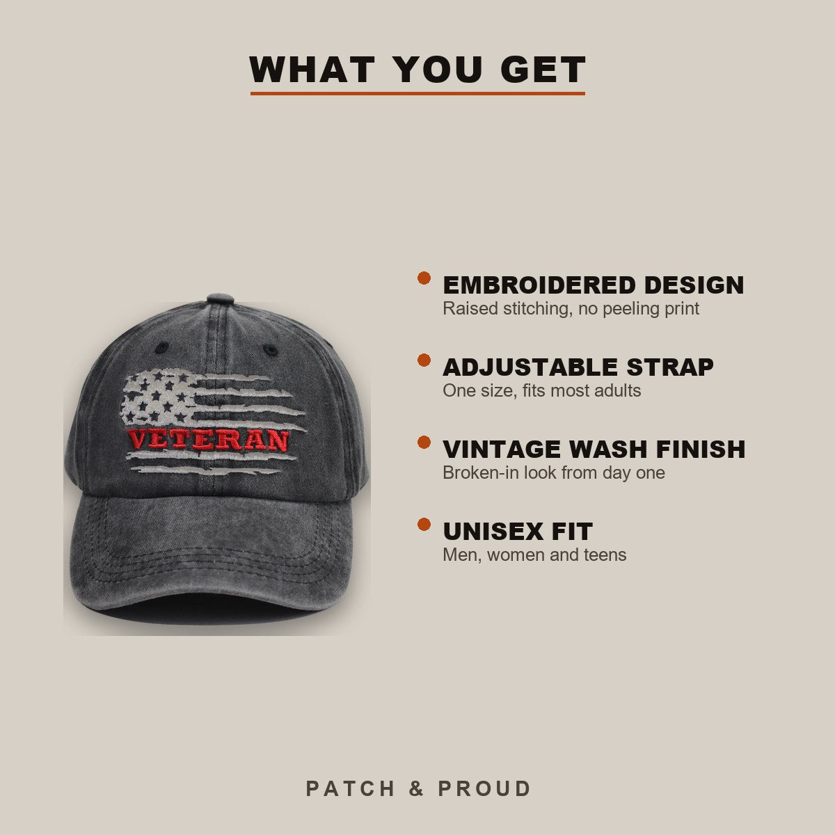 US Veteran Distressed Embroidered Cap - features and fit