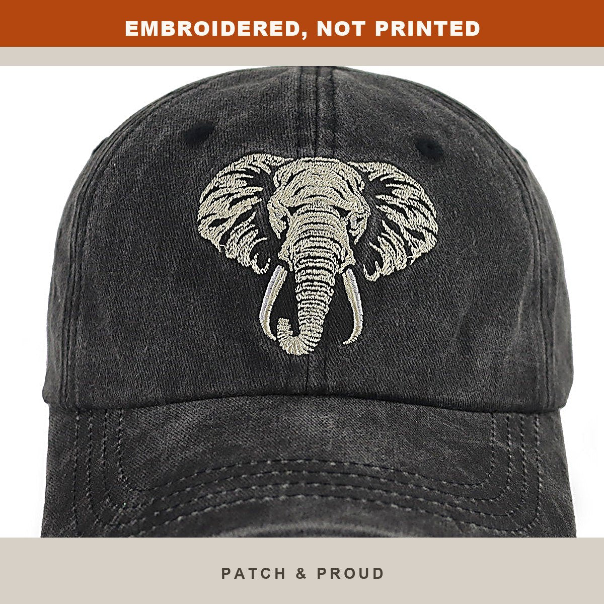 Elephant Embroidered Cap - close-up of the front design