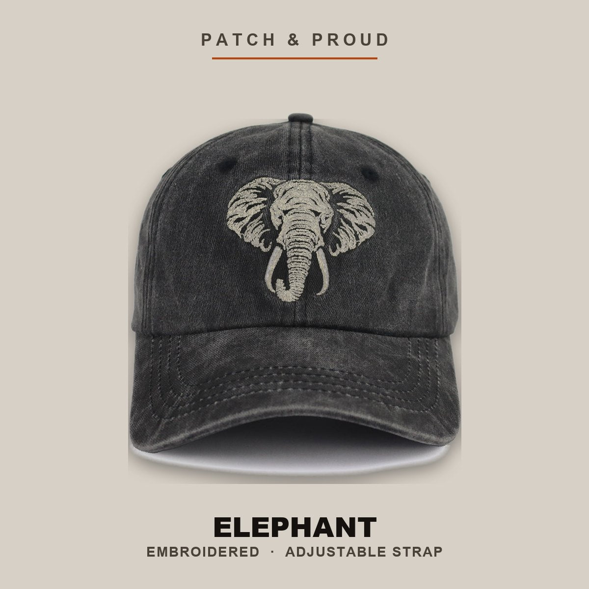 Elephant Embroidered Cap - shown on a canvas backdrop