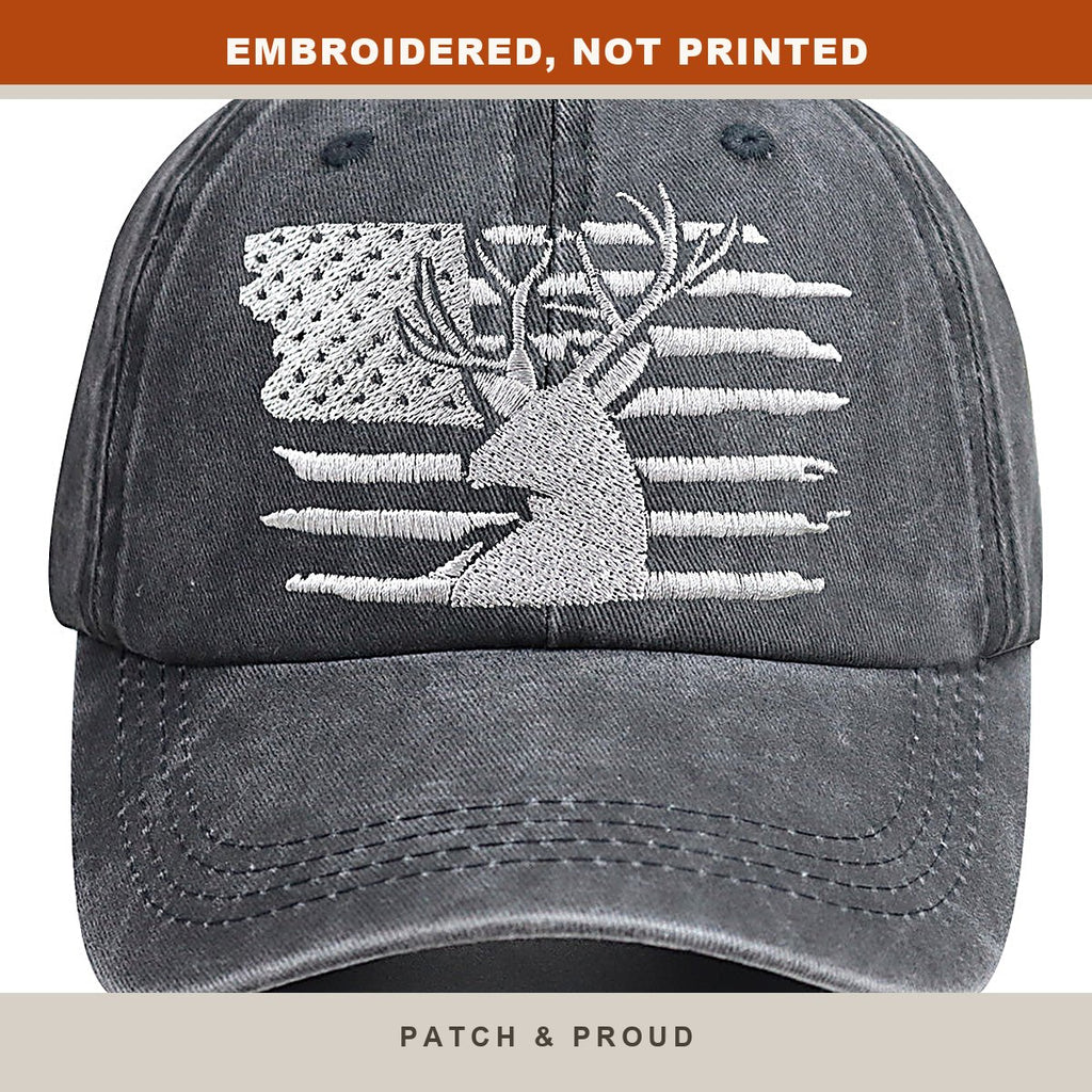 American Flag and Deer Skull Hunting Cap - close-up of the front design