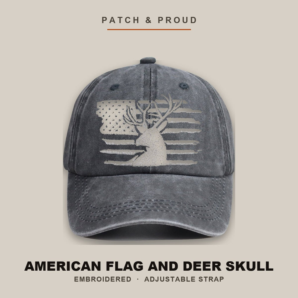 American Flag and Deer Skull Hunting Cap - shown on a canvas backdrop