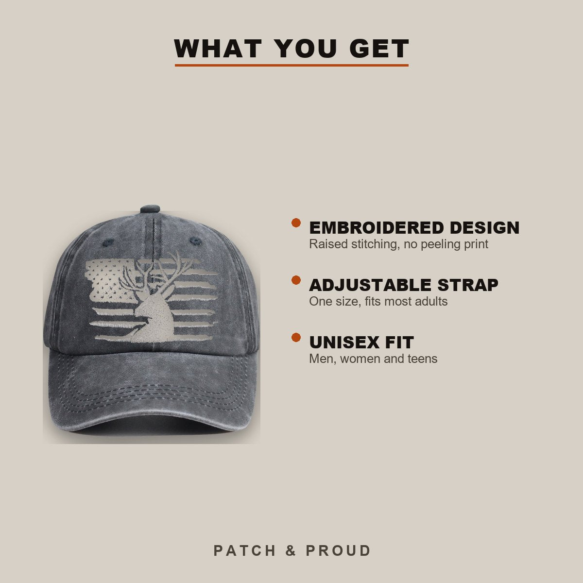 American Flag and Deer Skull Hunting Cap - features and fit