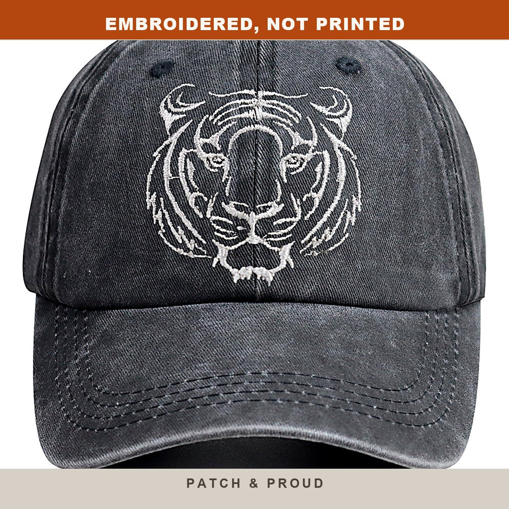 3D Tiger Head Embroidered Cap - close-up of the front design