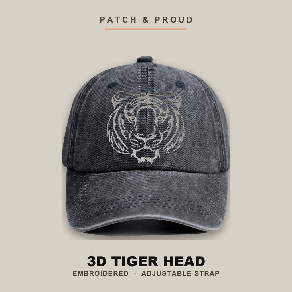 3D Tiger Head Embroidered Cap - shown on a canvas backdrop