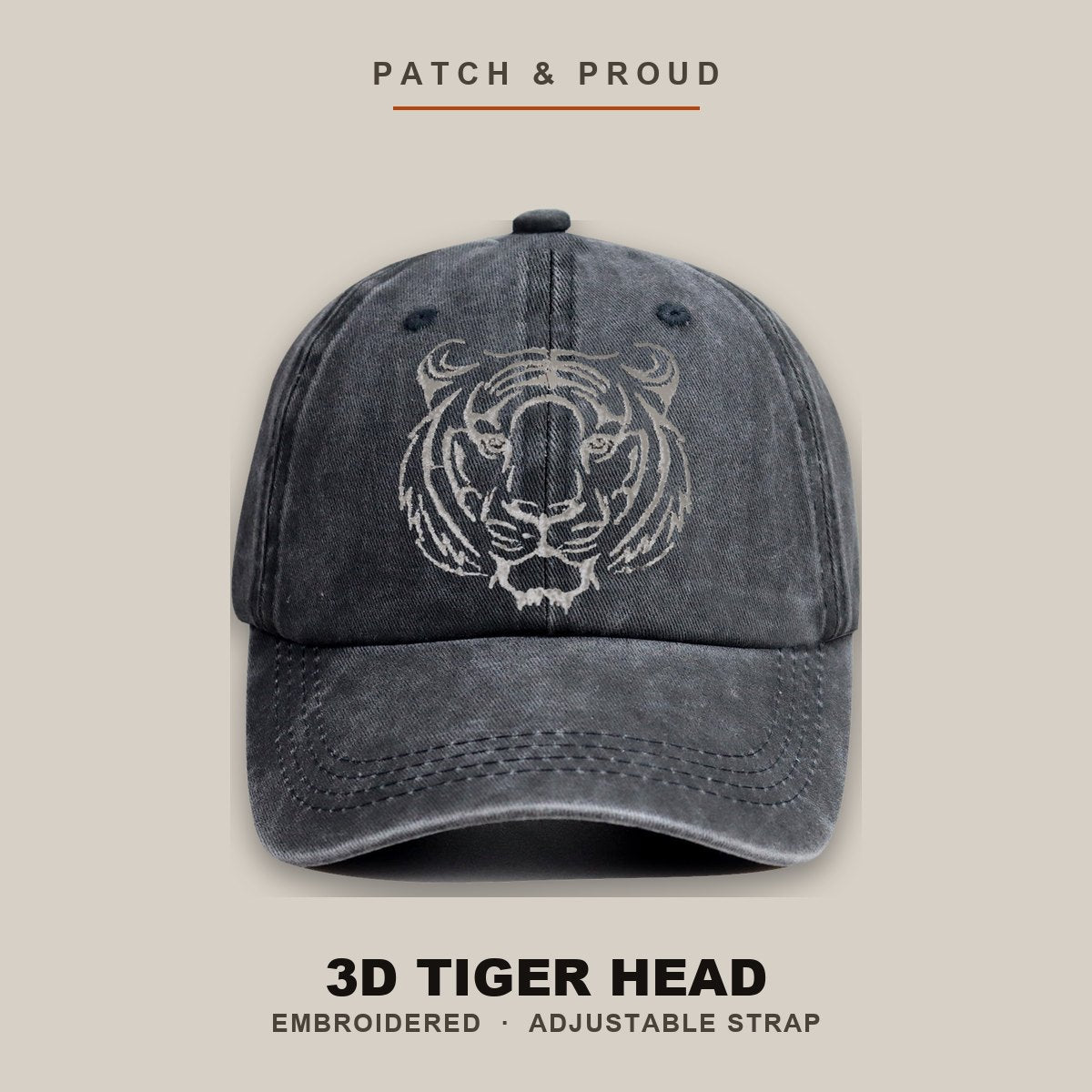 3D Tiger Head Embroidered Cap - shown on a canvas backdrop