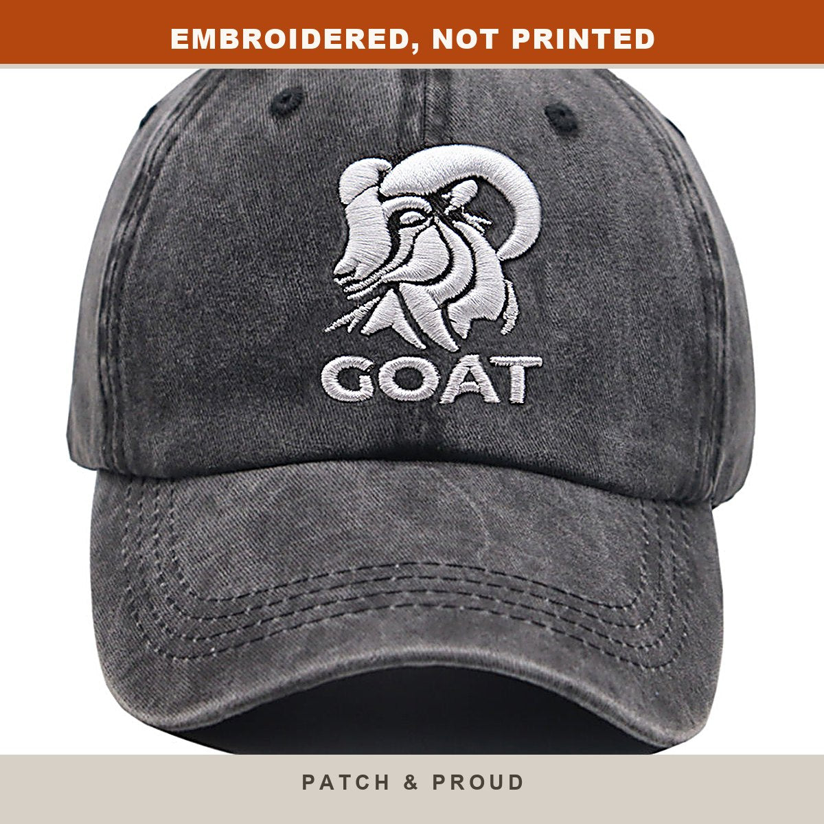 Funny Goat Embroidered Farm Cap - close-up of the front design