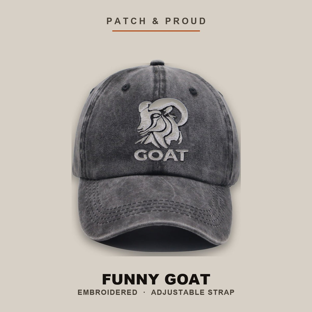 Funny Goat Embroidered Farm Cap - shown on a canvas backdrop