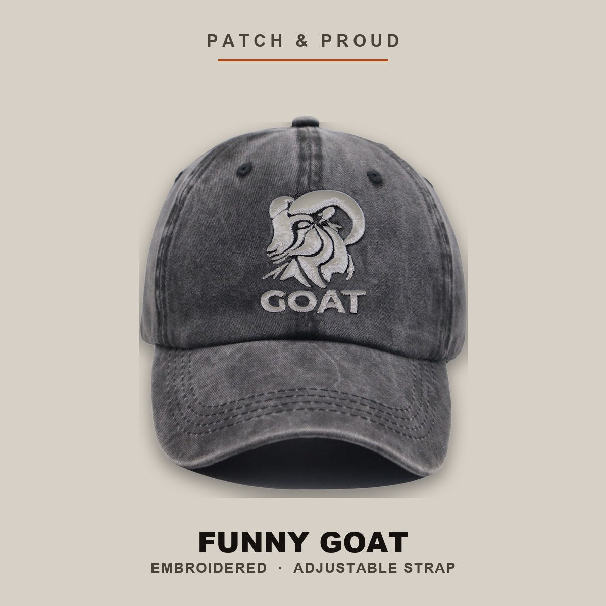 Funny Goat Embroidered Farm Cap - shown on a canvas backdrop