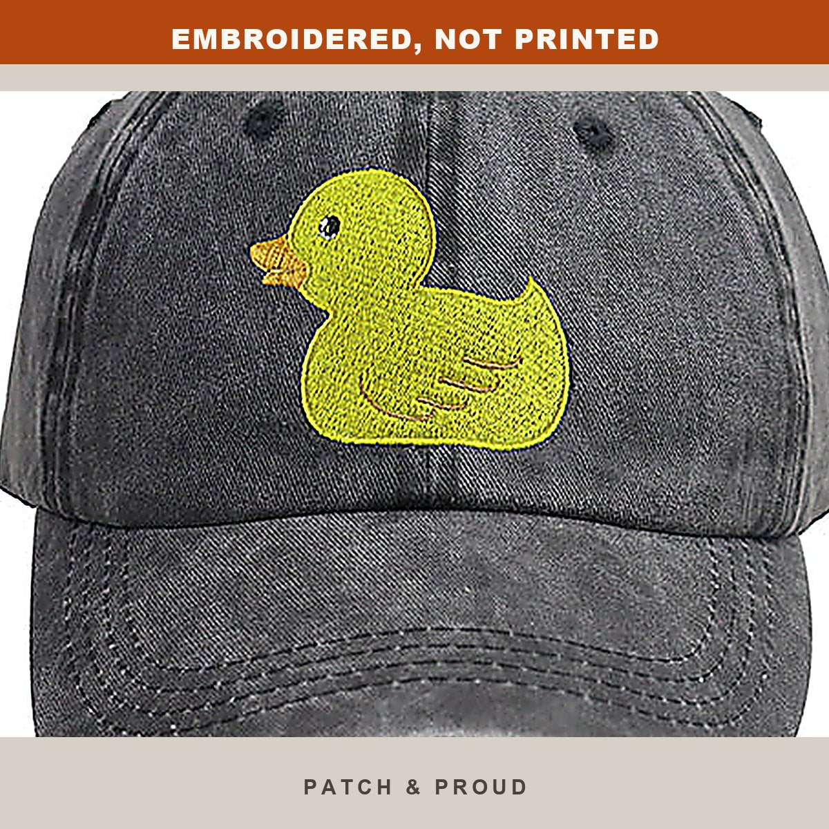 Yellow Duck Embroidered Cap - close-up of the front design