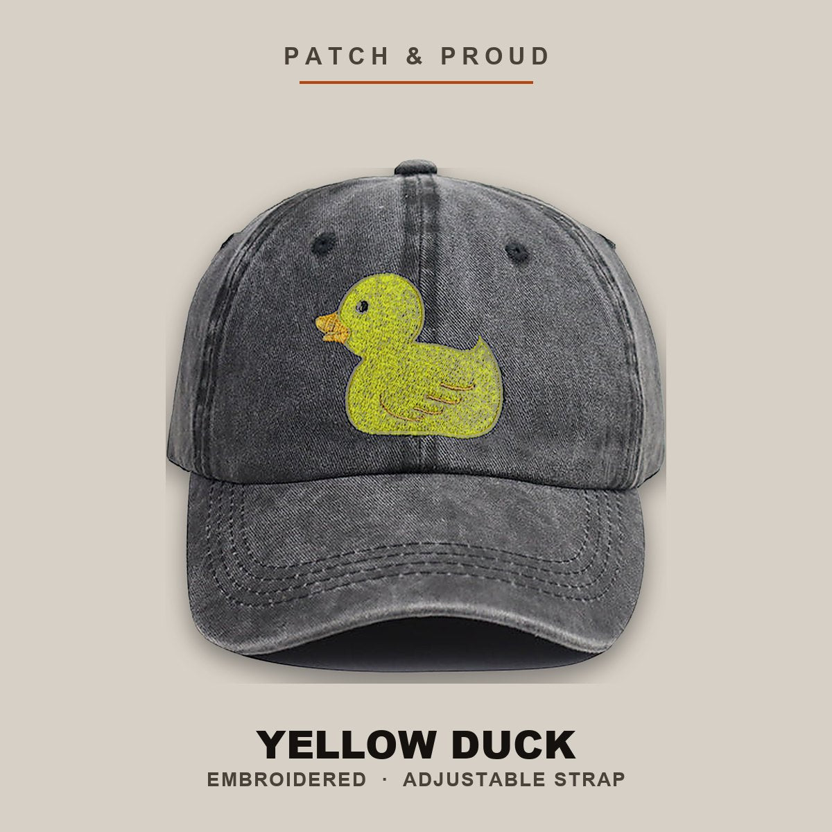 Yellow Duck Embroidered Cap - shown on a canvas backdrop