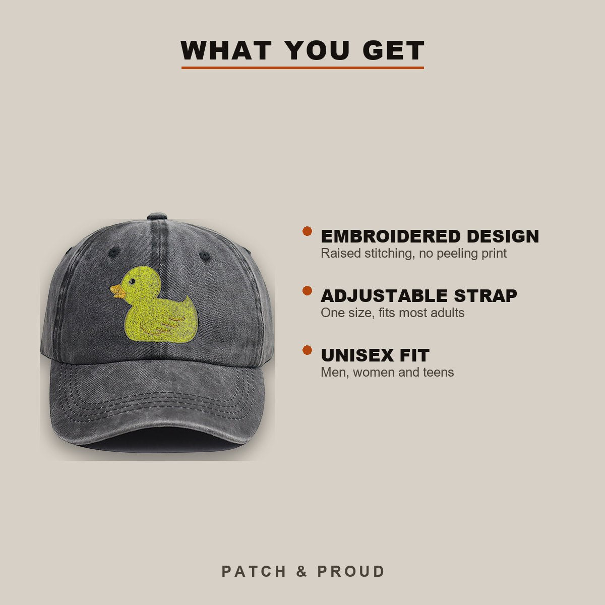 Yellow Duck Embroidered Cap - features and fit