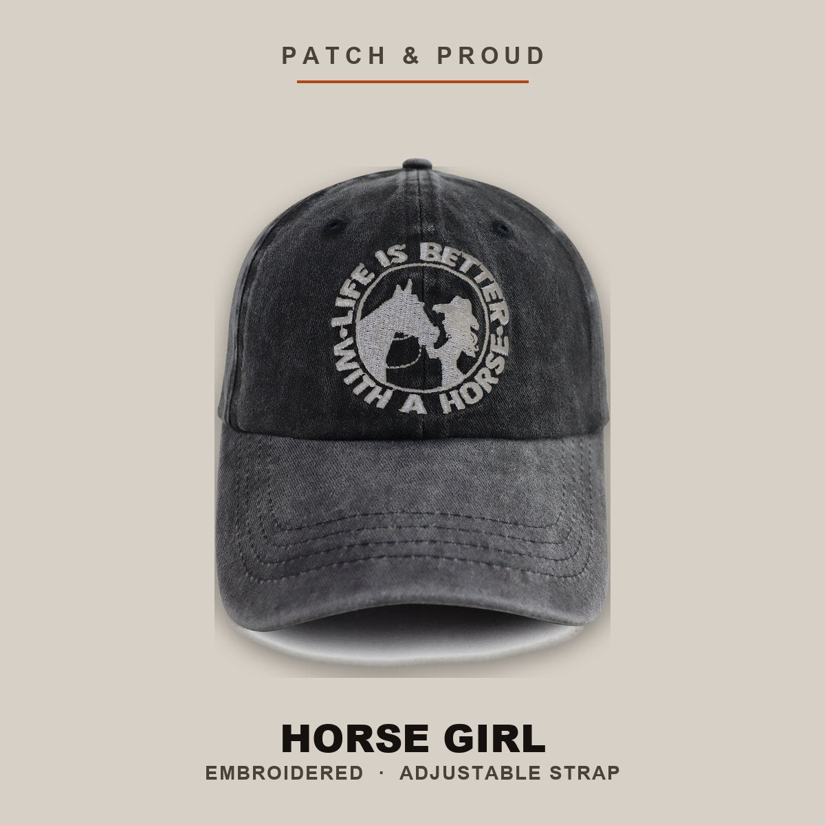 Horse Girl Embroidered Cap - shown on a canvas backdrop