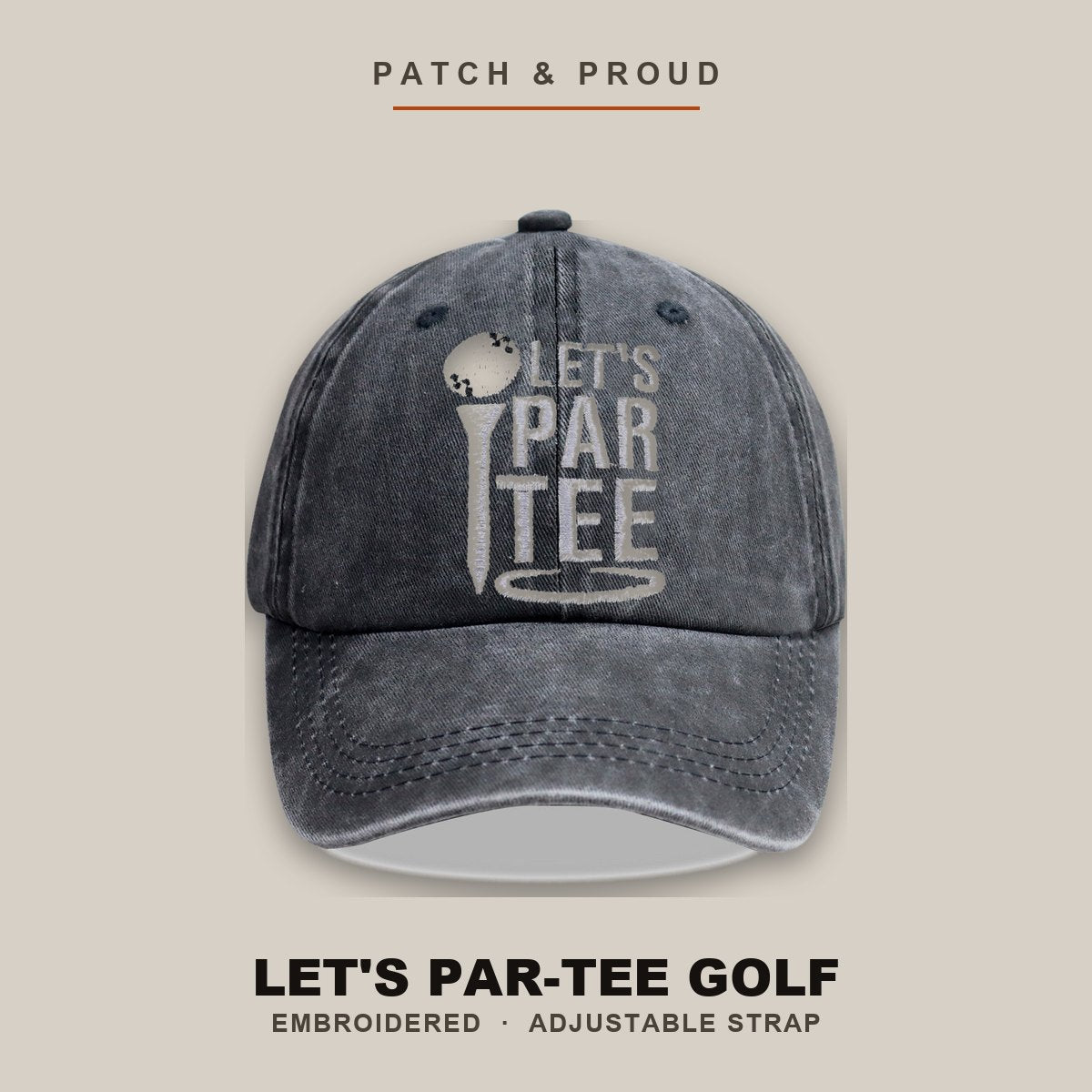 Let's Par-Tee Golf Embroidered Cap - shown on a canvas backdrop