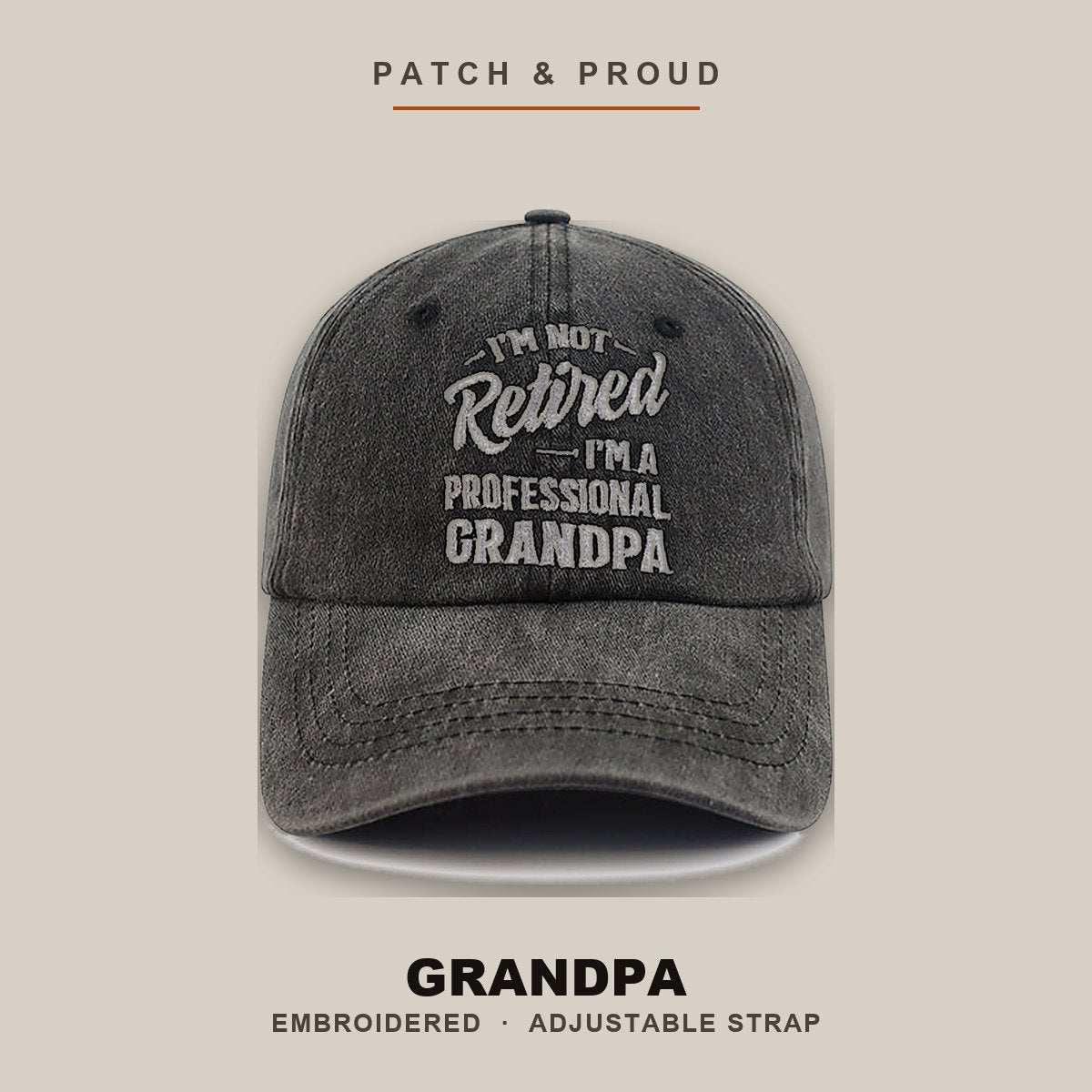 Grandpa Embroidered Dad Hat - Black - shown on a canvas backdrop