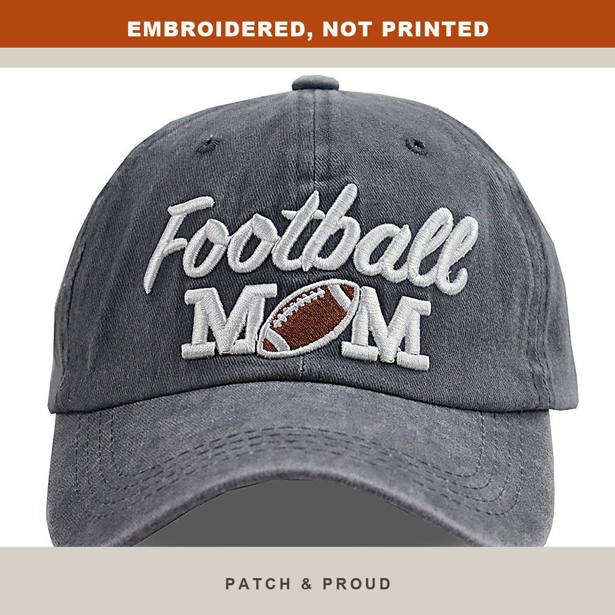 Football Mom Embroidered Cap - Grey - close-up of the front design