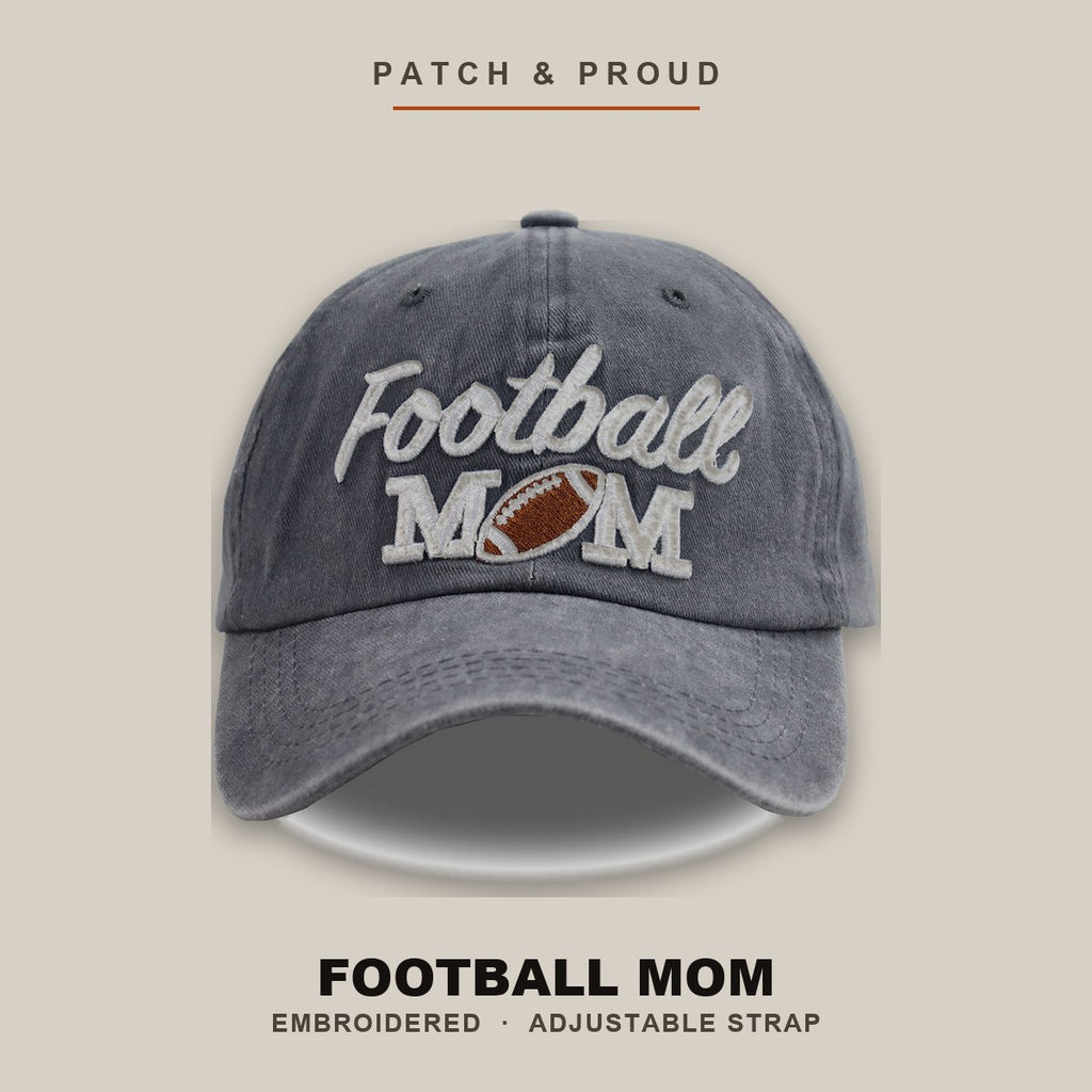 Football Mom Embroidered Cap - Grey - shown on a canvas backdrop