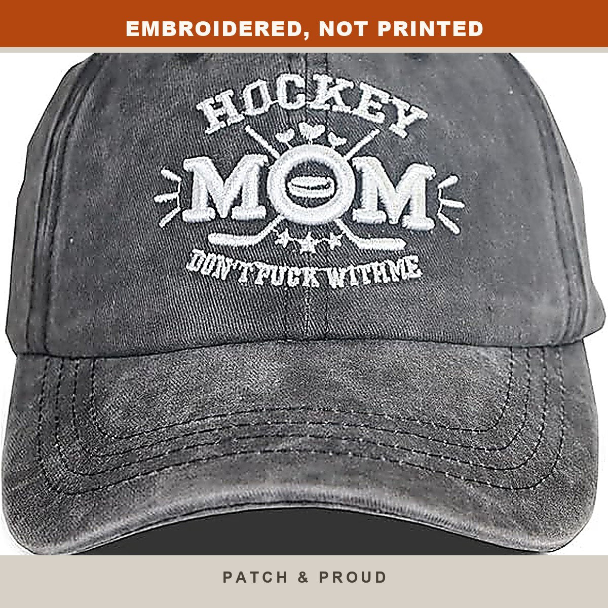 Hockey Mom Embroidered Cap - close-up of the front design