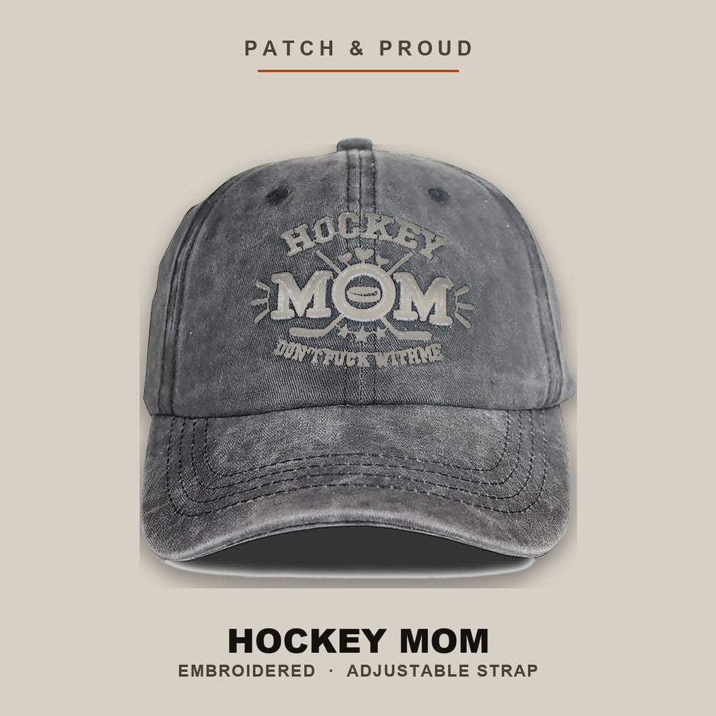 Hockey Mom Embroidered Cap - shown on a canvas backdrop
