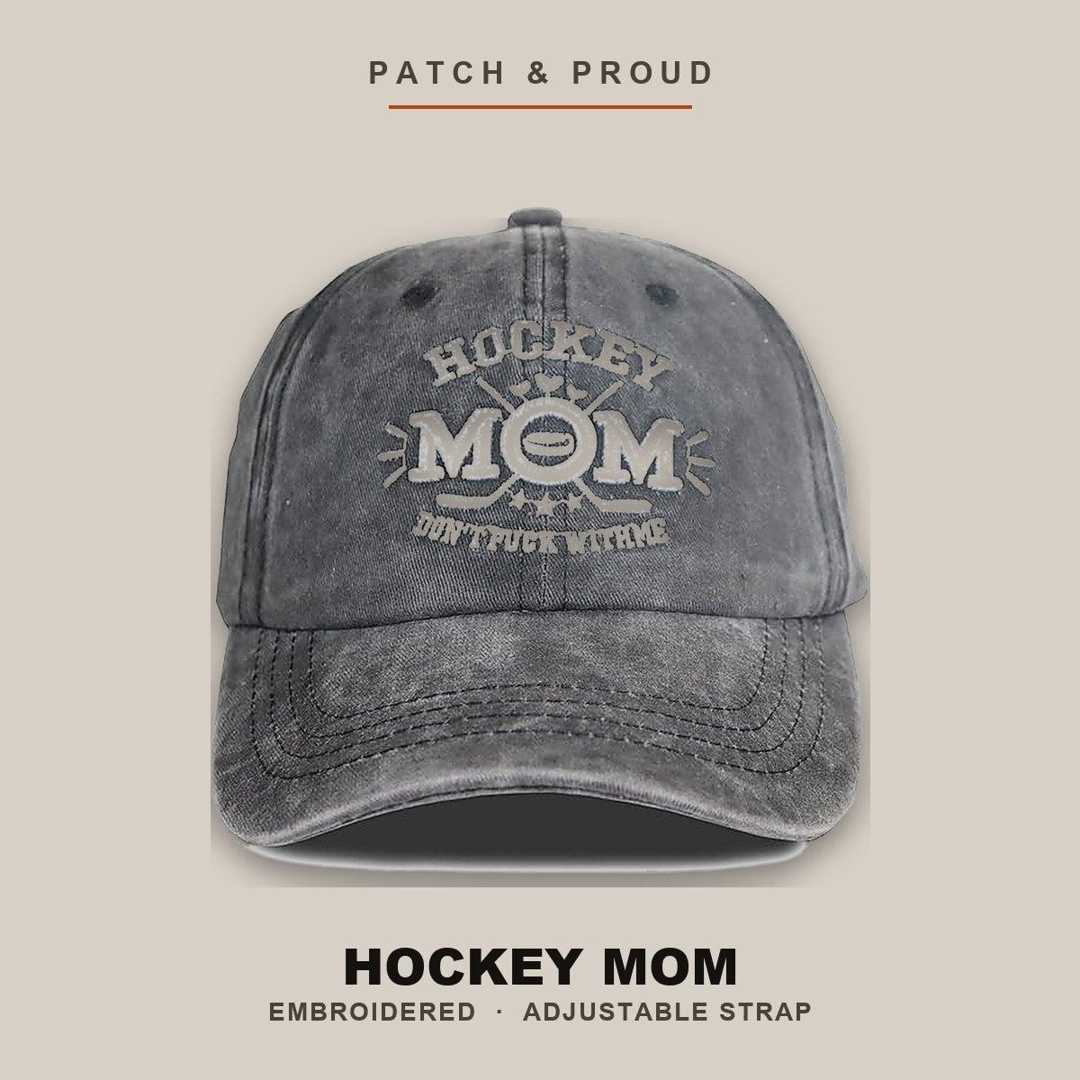 Hockey Mom Embroidered Cap - shown on a canvas backdrop